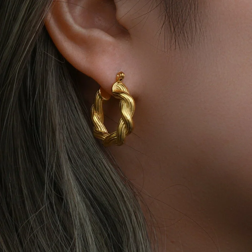 Chunky Twisted Striped Texture Hoop Earrings 18K Gold Plating Stainless Steel - Picture 4 of 9
